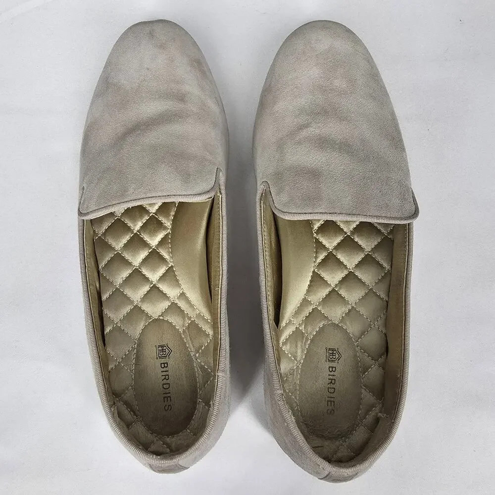 BIRDIES WOMEN'S BEIGE SUEDE LEATHER SLIP-ON FLATS – SIZE 7 – QUILTED INSOLE
